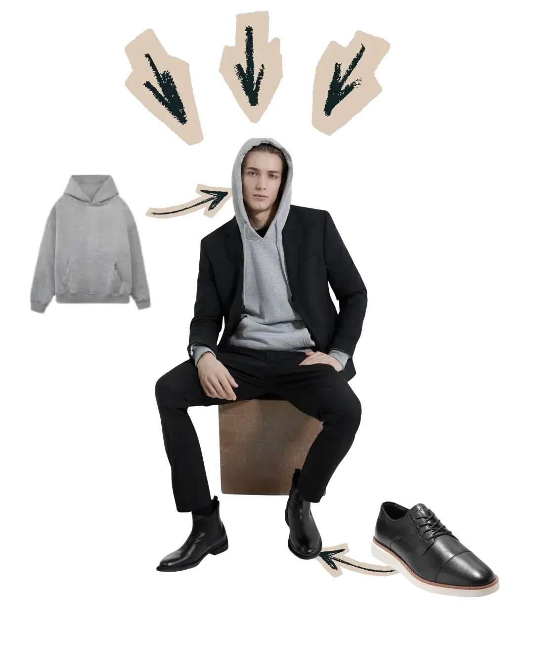 cool guy wearing tux and a grey hoodie