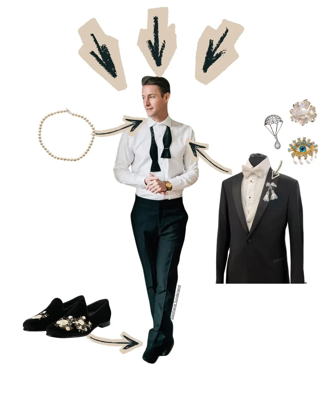 model wearing a tux with untied tie